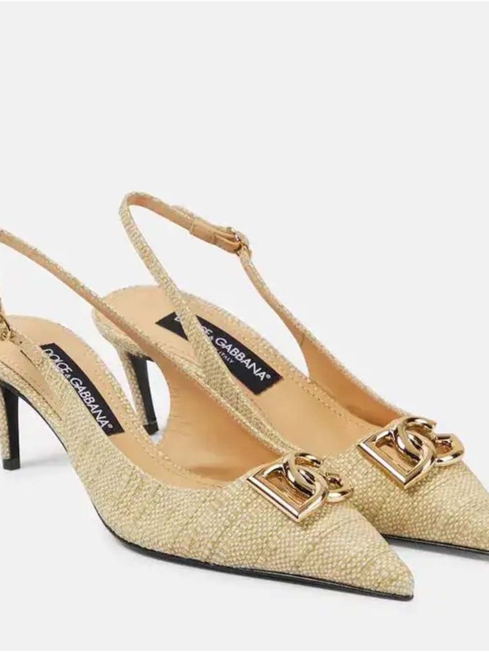 Dolce & Gabbana Beige Cream Raffia Slingback Pointed Flats with Gold DG Logo